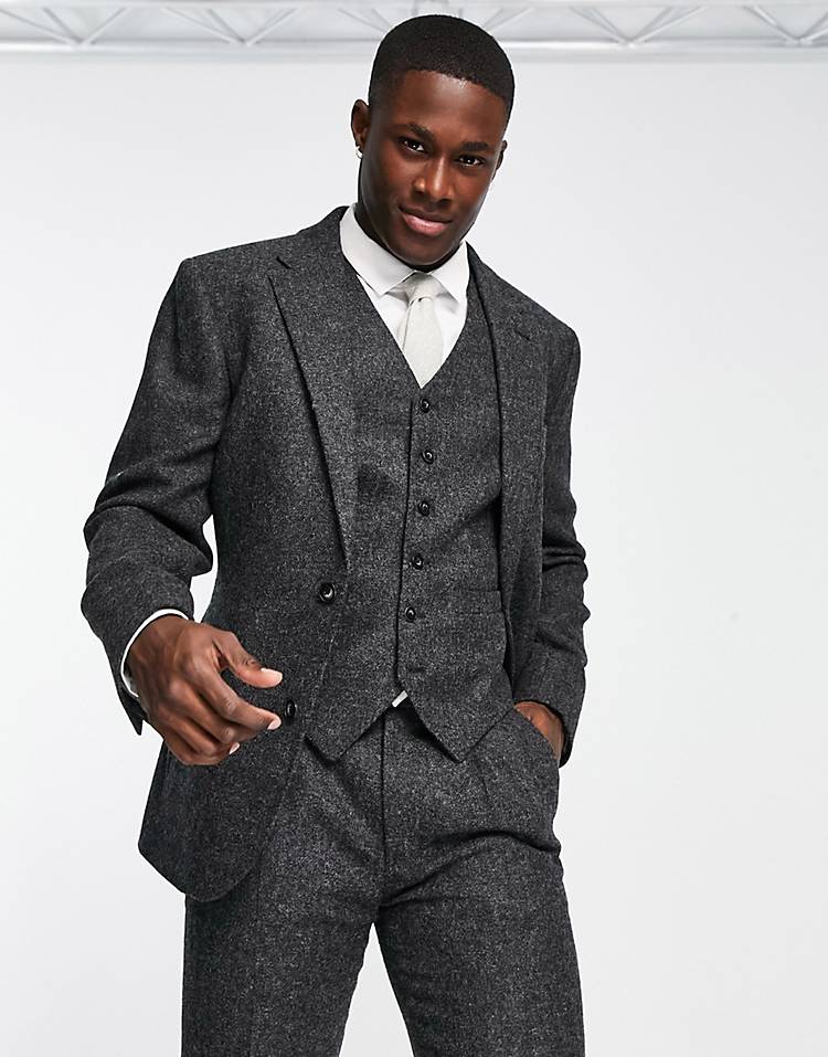 Noak British tweed slim suit in charcoal gray